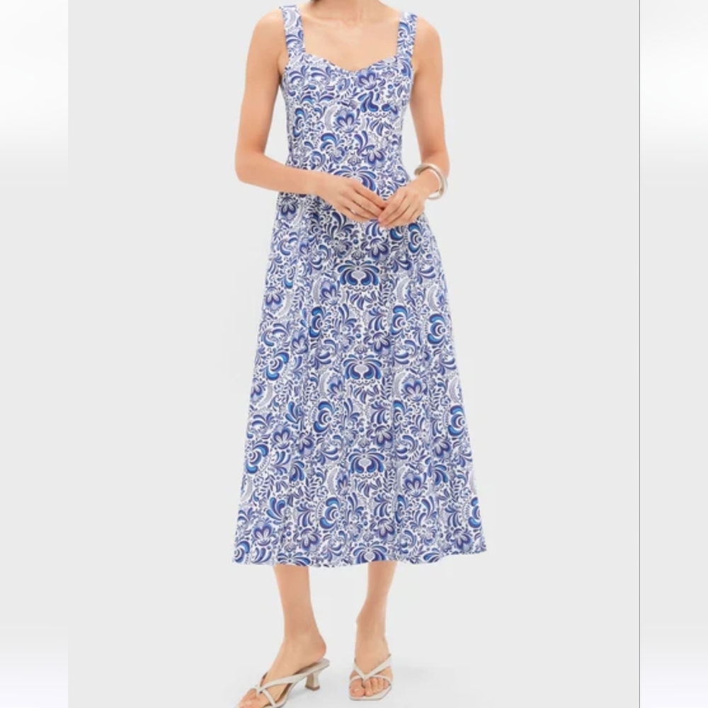 NWT Tuckernut Hyacinth House Blue Linen Floral Open Back Lawson Bustier Maxi XS